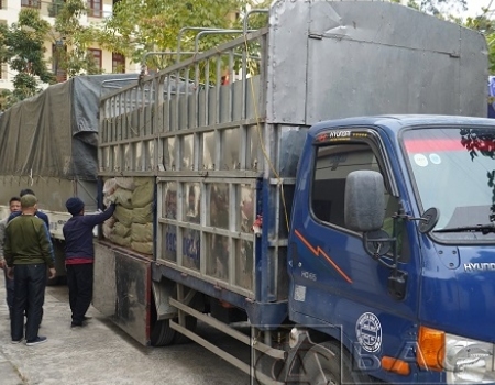 Cơ quan công an tiến hành hạ tải và cân số nguyên liệu thuốc lá lá không rõ nguồn gốc