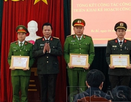 Đại tá Hà Văn Tuyên, Giám đốc Công an tỉnh trao danh hiệu đơn vị quyết thắng năm 2020 cho các tập thể câp Đội thuộc Công an huyện Ba Bể