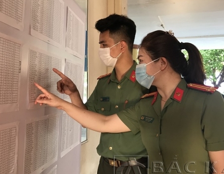 Cán bộ chiến sỹ rà soát thông tin danh sách cử tri tại Công an tỉnh