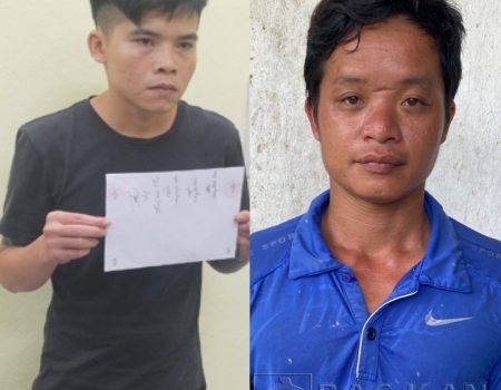 Đối tượng Hoàng Văn Tuyền (áo xanh) và đối tượng Hoàng Ngọc Ánh