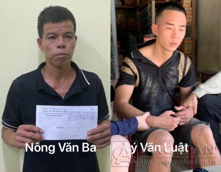 Hai đối tượng Nông Văn Ba và Lý Văn Luật tại cơ quan Công an