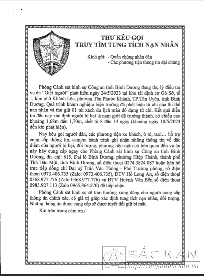 Thư kêu gọi truy tìm tung tích nạn nhân